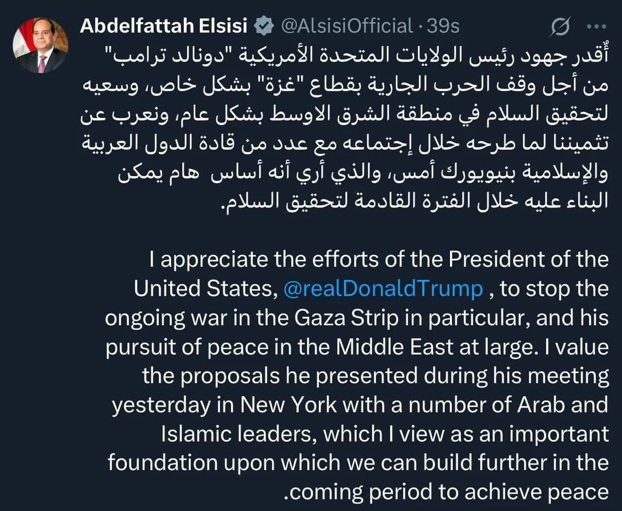 الرئيس السيسي: أقدر جهود ترامب لوقف الحرب فى غزة وتحقيق السلام بالشرق الأوسط